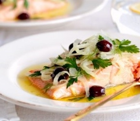 Salmon poached in EVO with Fennel & Olive Salad